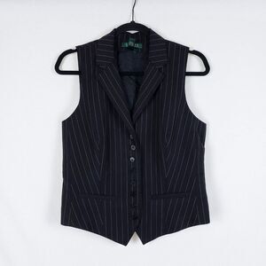 Lauren Ralph Lauren Pinstripe Vest Womens M Black Waistcoat Dark Academia Wool